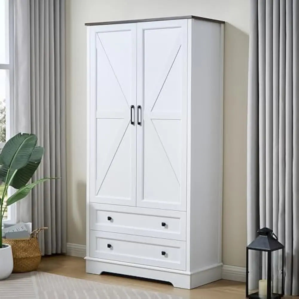 Wardrobe with 2 Drawer, 71 Inches Tall Armoire Wood Wardrobe with Multiple Storage for Bedroom, Living Room, Hallway