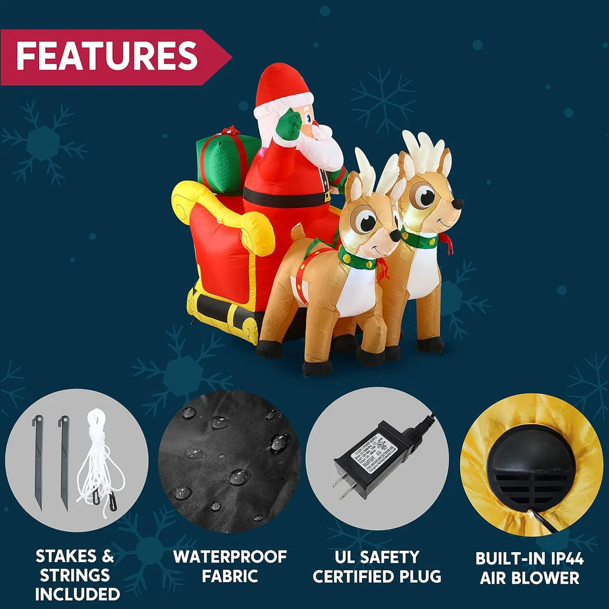 6 Foot Christmas Inflatable Santa Sleigh With Two Reindeer LED Lawn Decoration