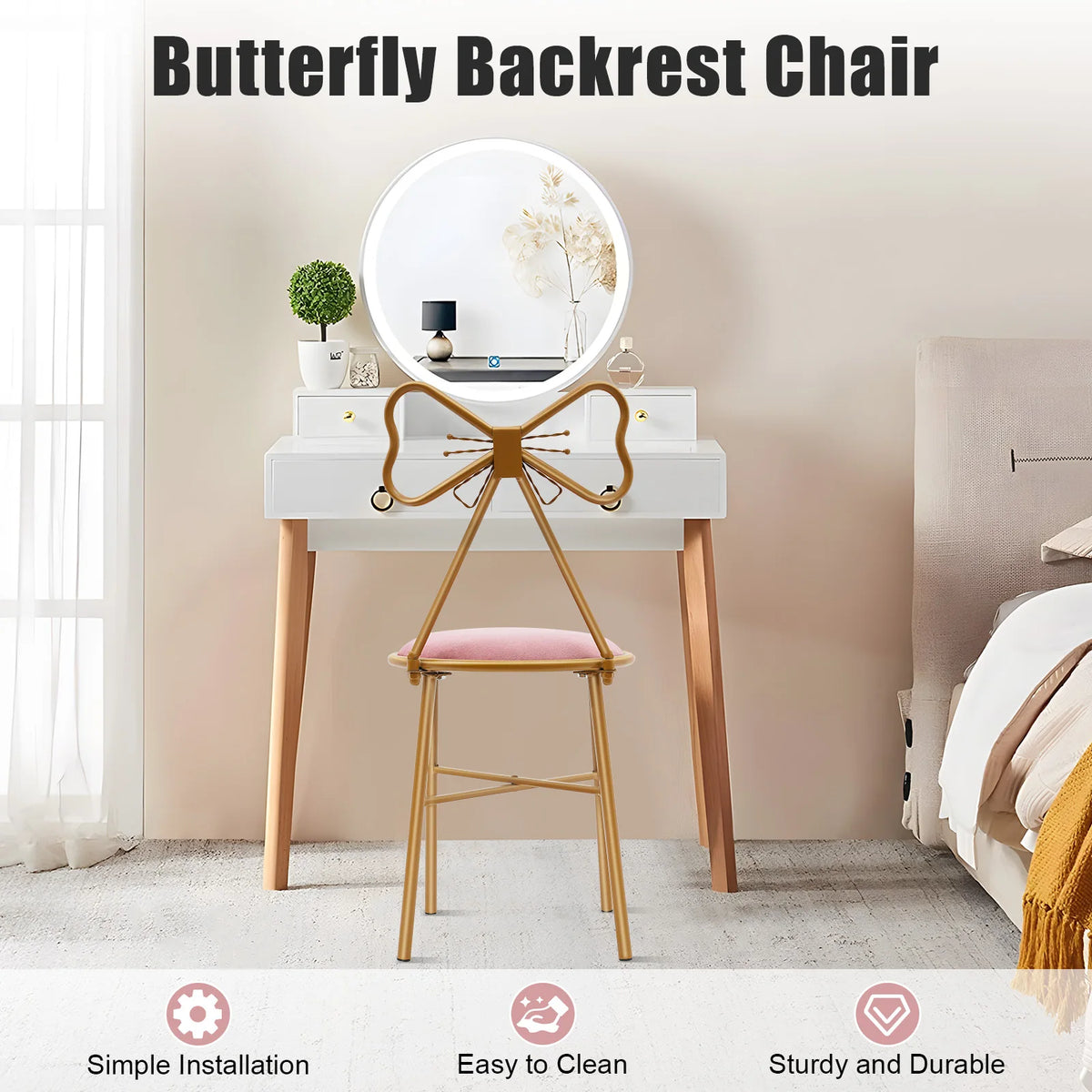 Pink Butterfly Back Flannelette Vanity Stool Makeup Chair for Bedroom Dresser