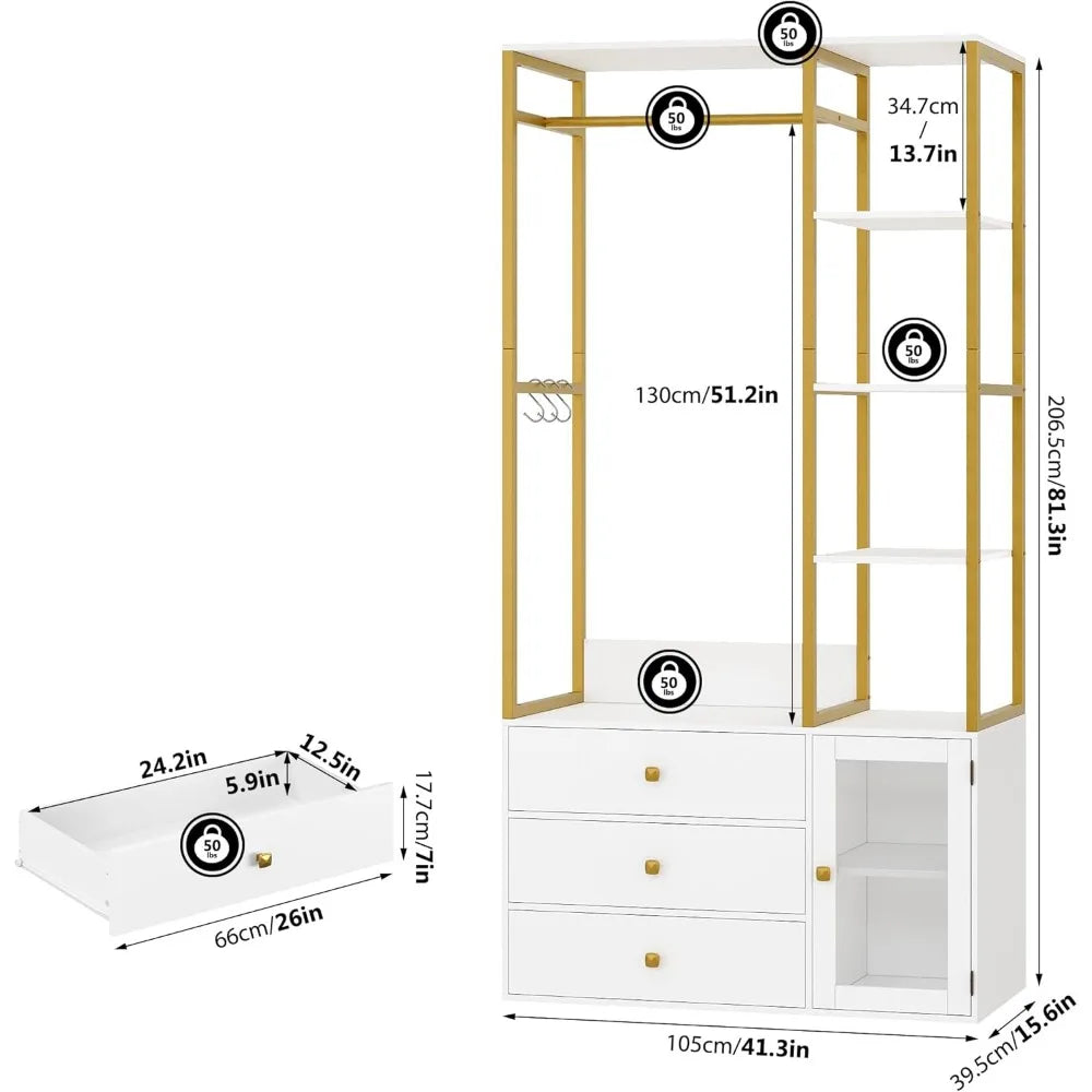 Closet System Organizer, 81.3” H Wardrobe Closet with 3 Wooden Drawers, Clothes Rack with Hanging Rods, 4 Tiers Shelves, Metal