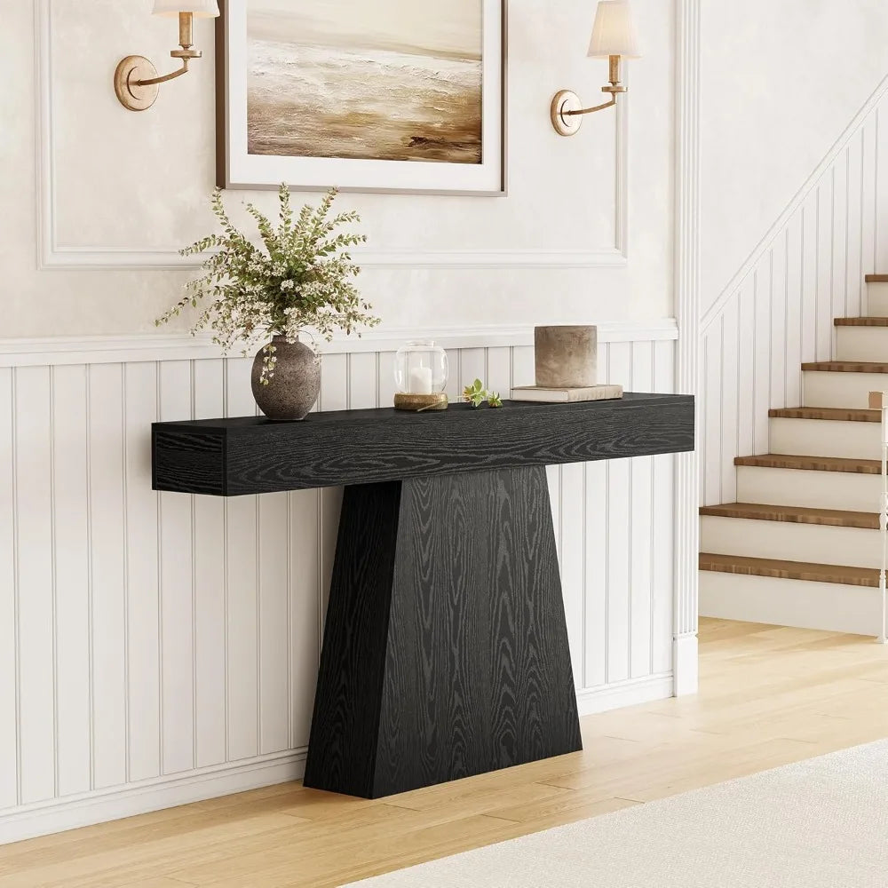 63 Modern Black Console Table, Trapezoidal Base, Perfect for Entryway and Living Room