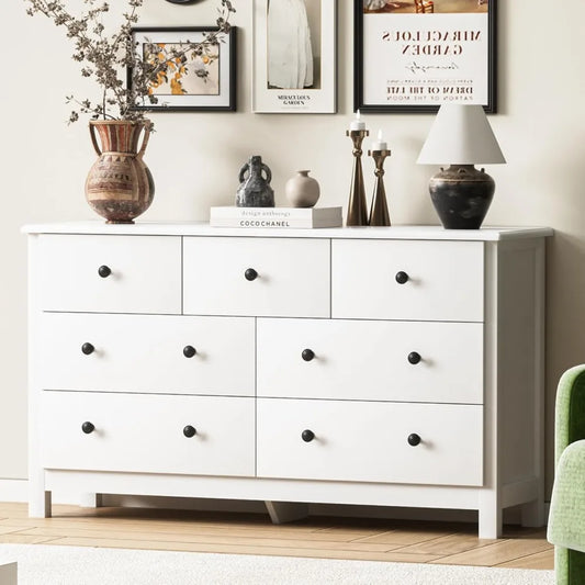 White Dresser for Bedroom, 7 Drawer Chest of Drawer with Metal Handle and Wide Drawer, Modern Wood Double Storage Organizer Dres