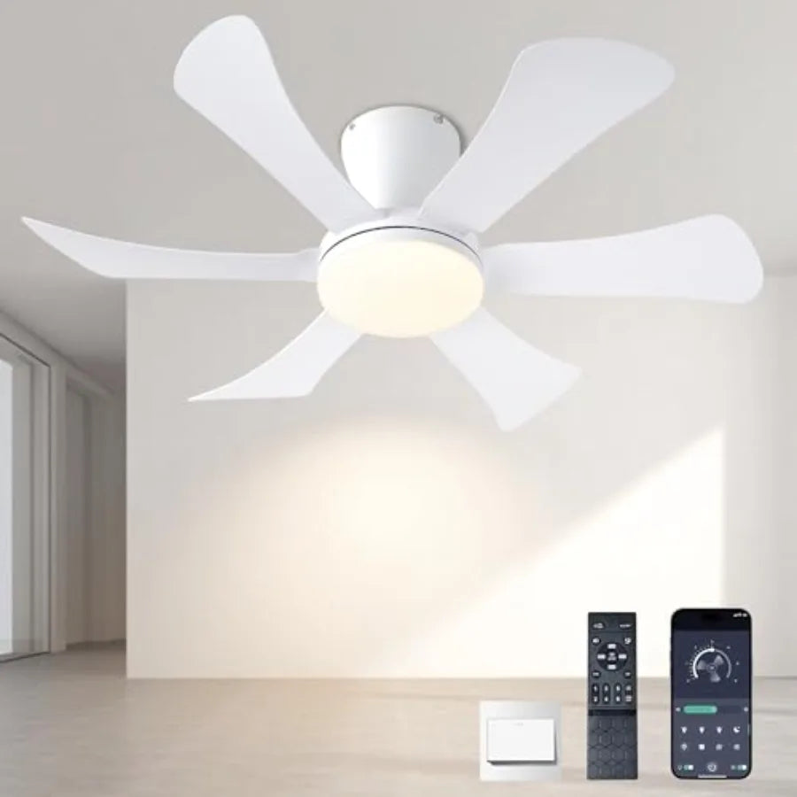 Ceiling Fan with Lights, 46 Inch Low Profile Ceiling Fan with Light and Remote Control, Flush Mount, 6 Speeds Reversible, Dimma