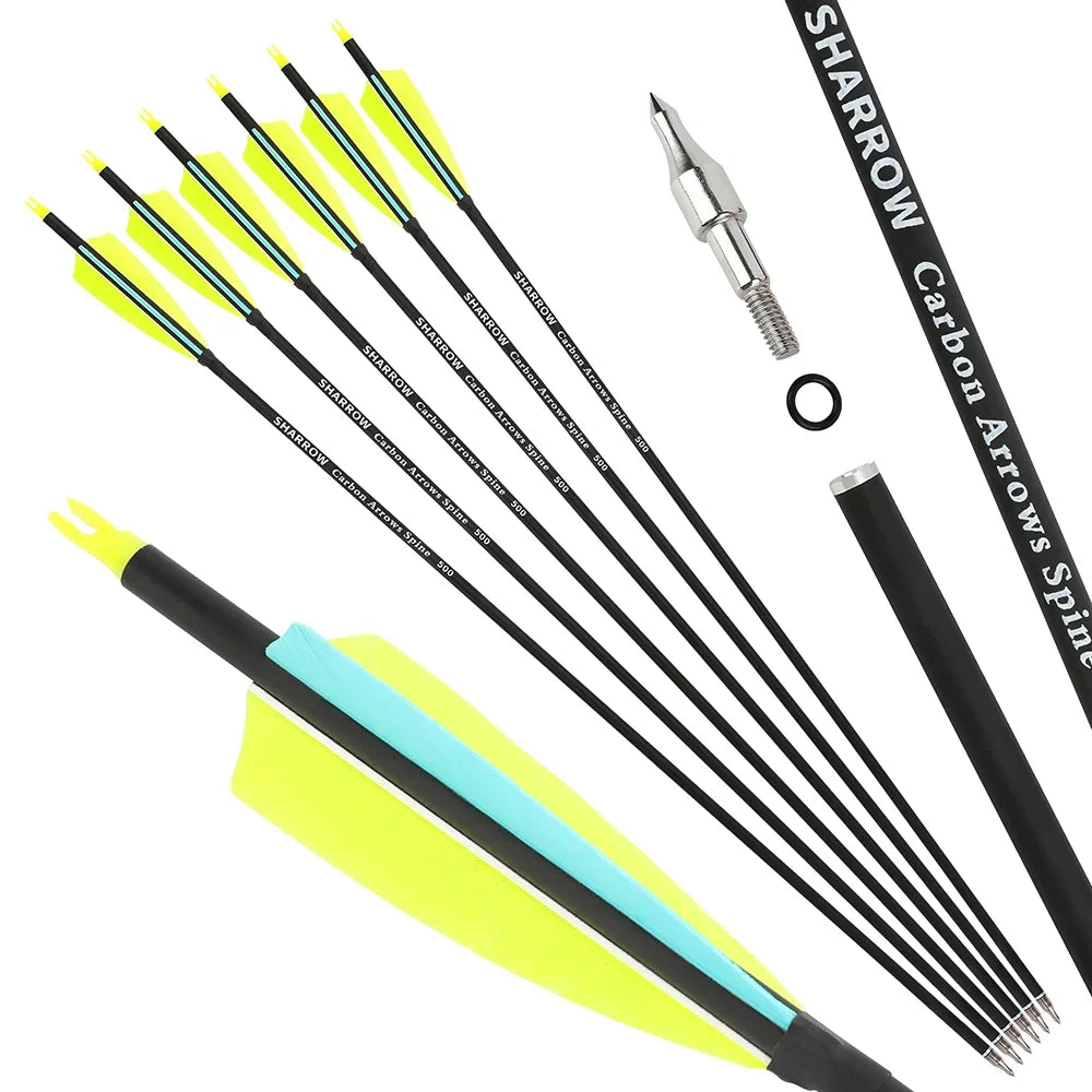 Archery Arrows 12pcs 30 Inch Spine 500 Mixed Carbon with 4" Turkey Feathers 100 Grain Tips for Hunting Target Shooting Practice