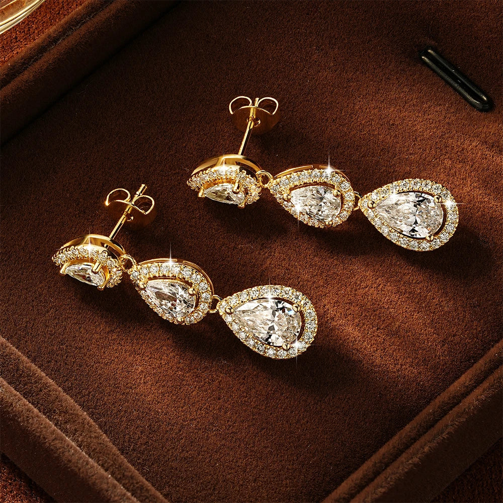 OXTAO 3-Stone Pear Cut 5A CZ Halo Drop Earrings for Women Girl Birthday Party Gift D VVS1 for Women Tassel Moissanite Dangle Earrings 14K Gold Filled