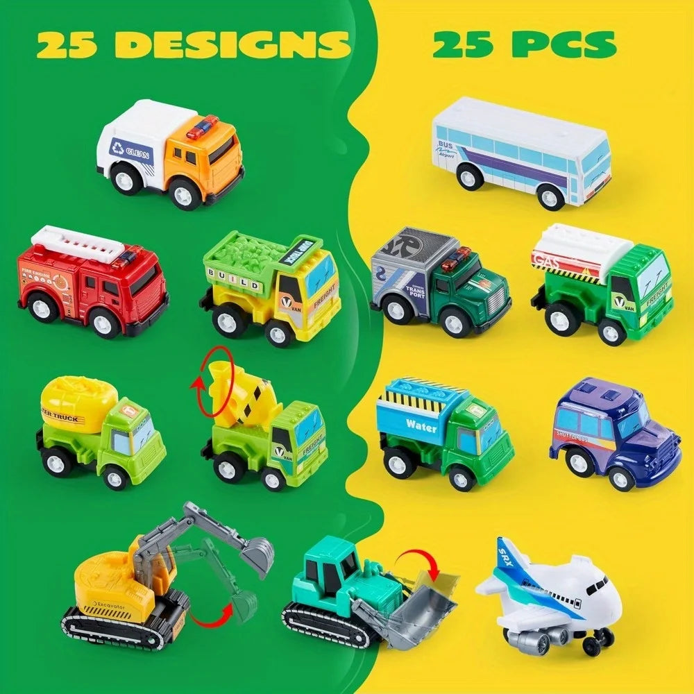 25 Pieces Pull Back Cars and Trucks Toy Vehicles Set for Toddlers Kids Play Set Die-Cast Car Party Favors School Gifts