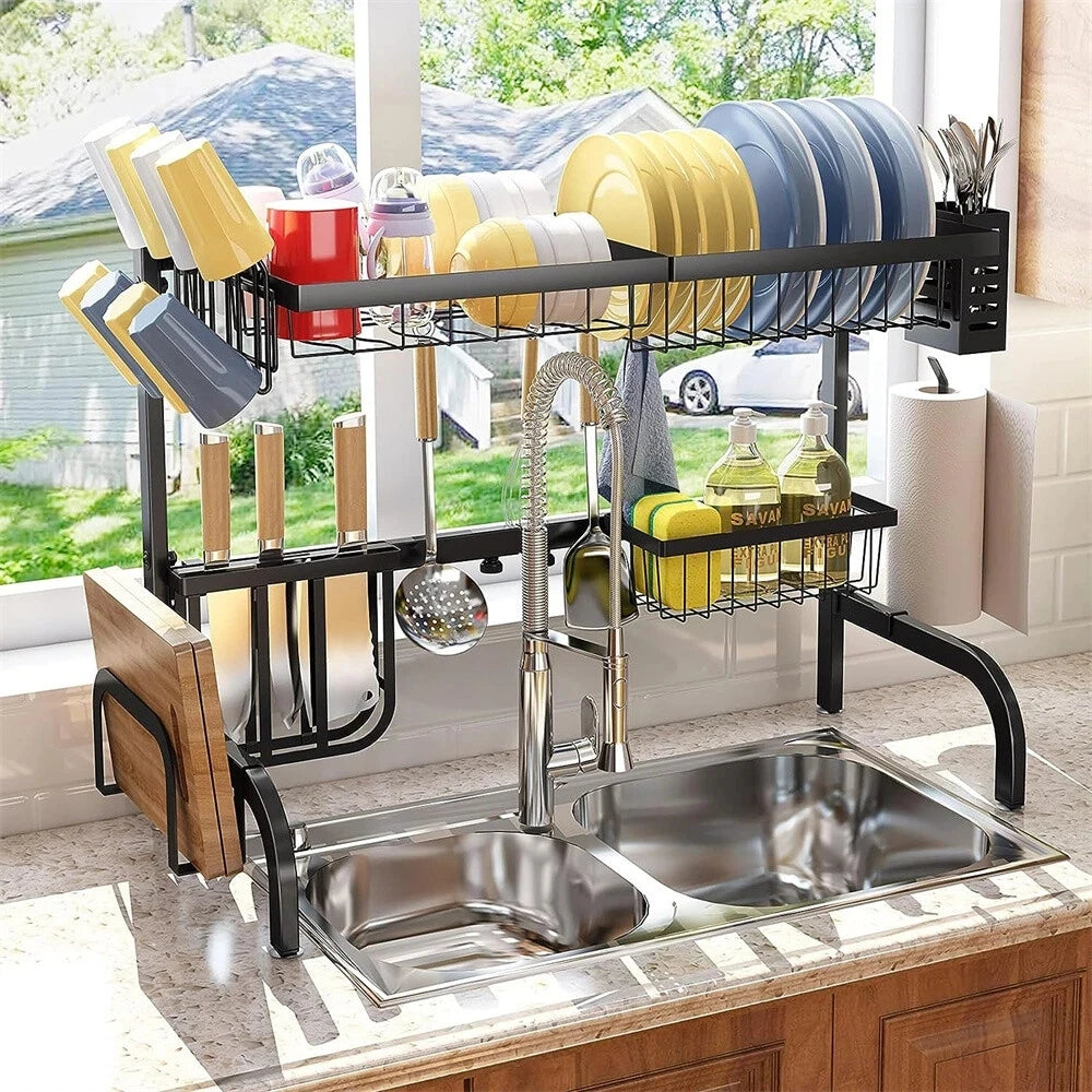 Dish Drying Rack - Over The Sink Dish Drainer Drying Rack with Utensil & Knife Holder, Hooks, Stainless Steel Kitchen Organizers