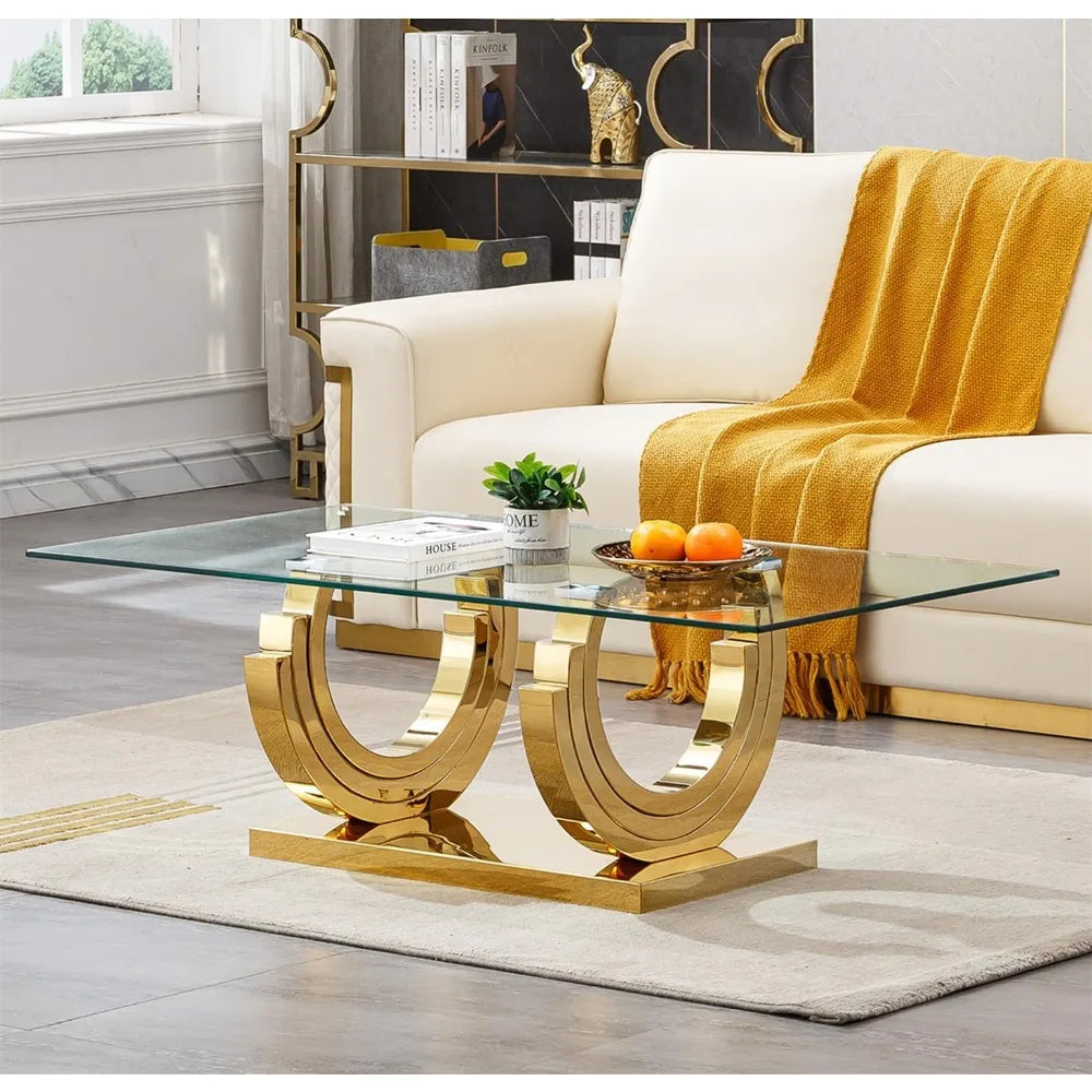 Luxury Gold Glass Coffee Table for Living Room Modern 47" Rectangular Center Table with Ring-Shape Mirrored Stainless Steel Base