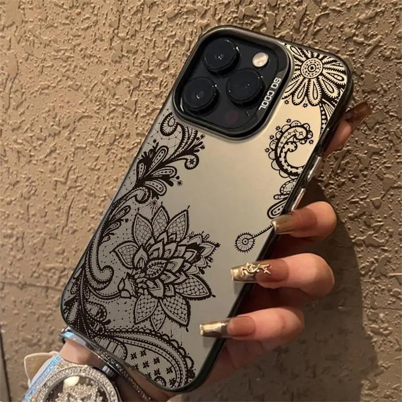 Luxury Lace Florals Pattern Case for IPhone 16 Pro Max 15 Pro 14Plus 13 12 11 Shockproof Anti-slip Hard Phone Protective Cover