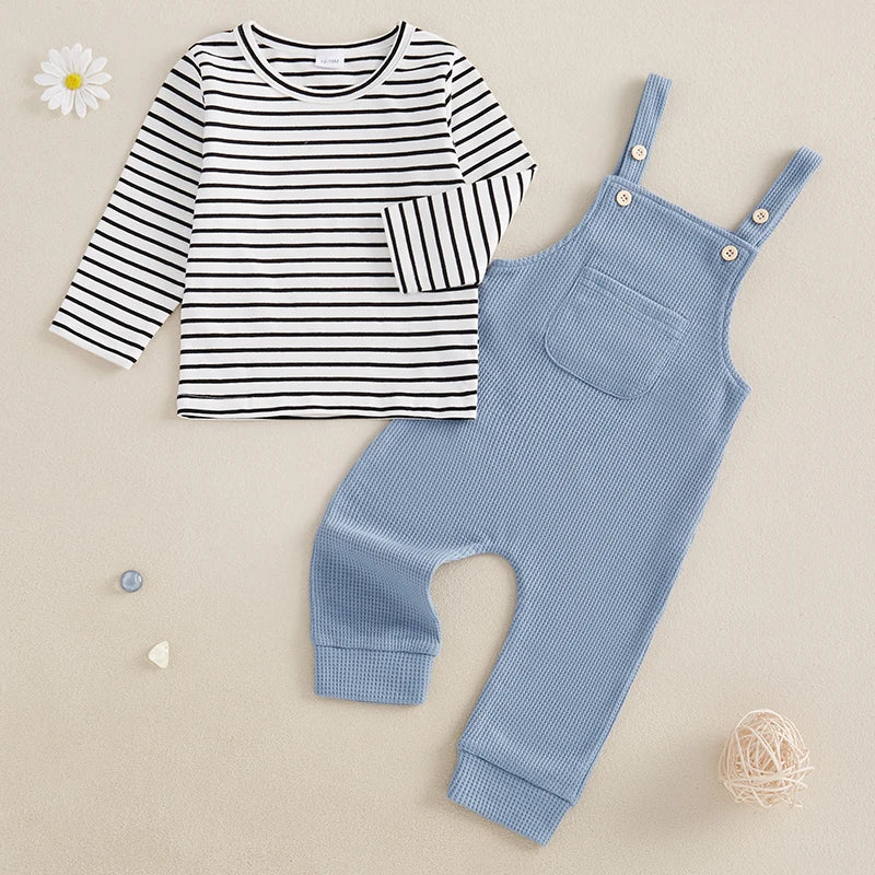 Boys 2-Piece Set Striped Long Sleeve Tee with Suspender Pants Fall Outfit for Kids