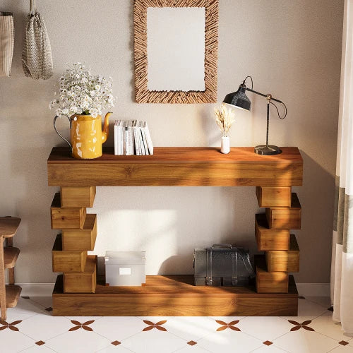 Modern Geometric Block Stacked Wood Console Table With Natural Finish