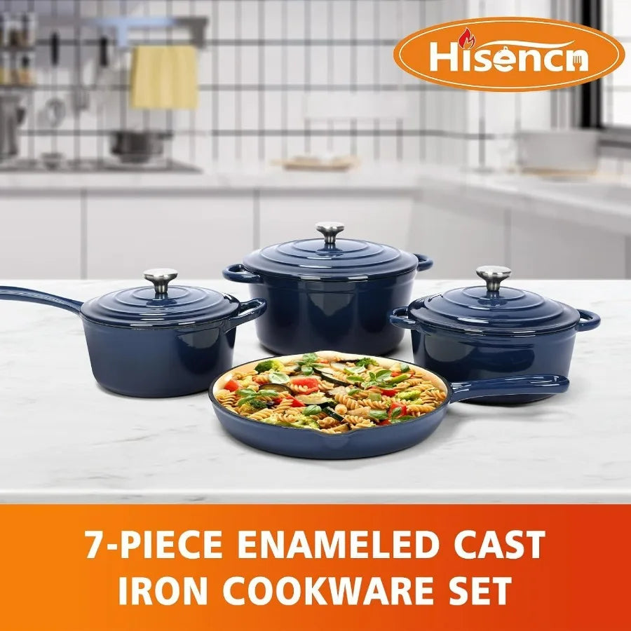 Enameled Cast Iron Cookware Set - 7 Piece Set of Dutch Ovens, Sauce Pan, Skillet, 3 Lids, Dutch Oven Set, Ceramic Coated Cast Ir