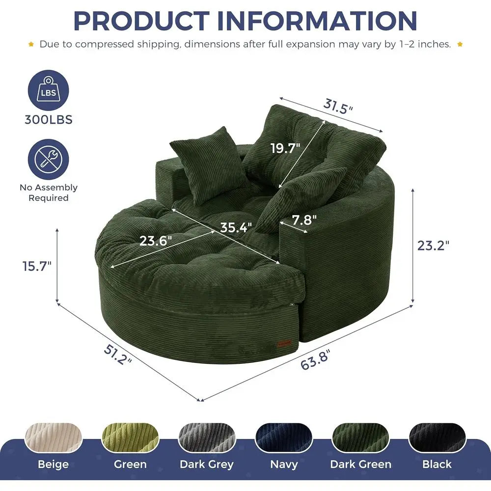 Large Round Upholstered Chaise Lounge Sofa with 3 Pillows, Ottoman, Deep Seating Sleeper Chair for Living Room or Bedroom, No As