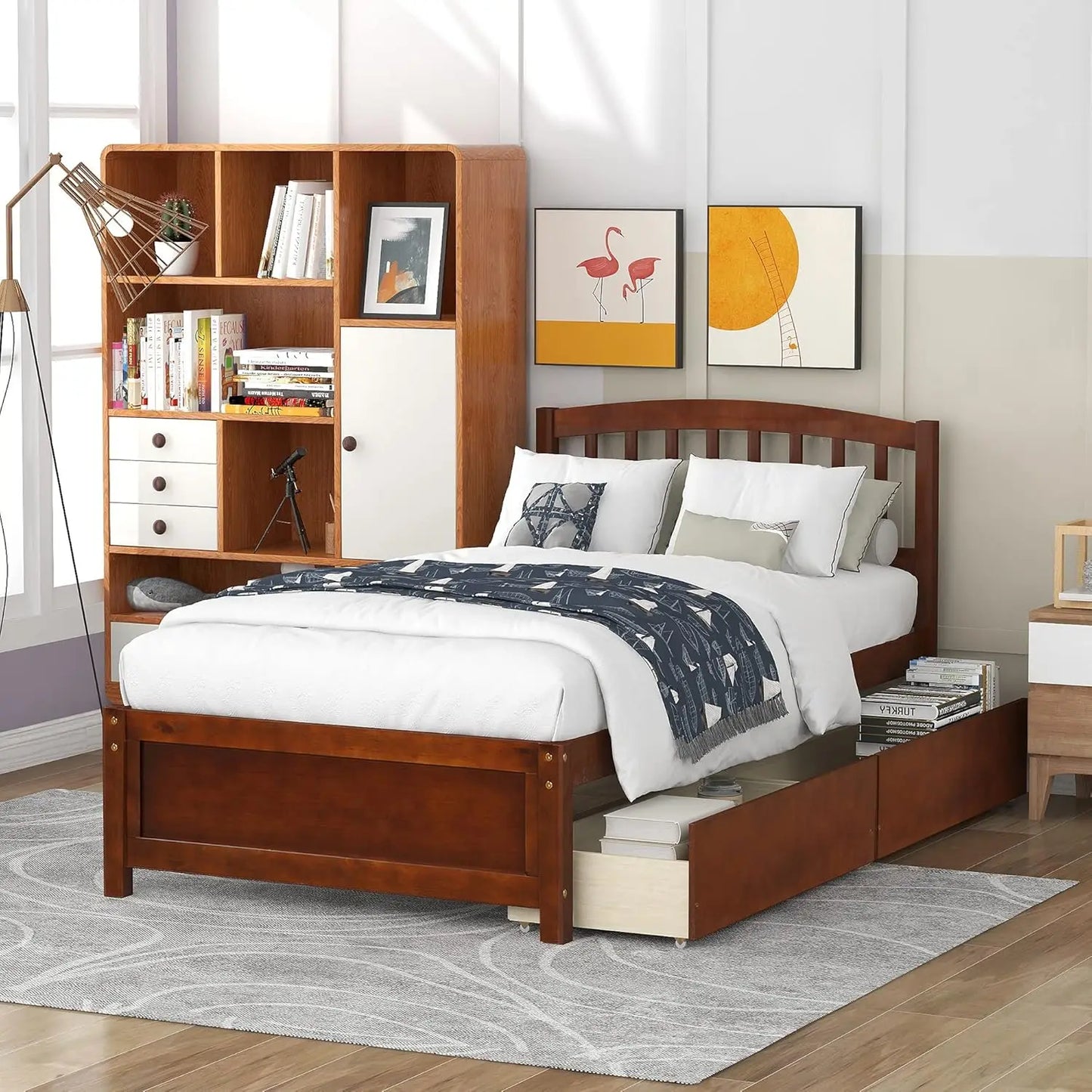 Twin Wood Platform Bed Frame with Storage Drawers Headboard Walnut, Customized