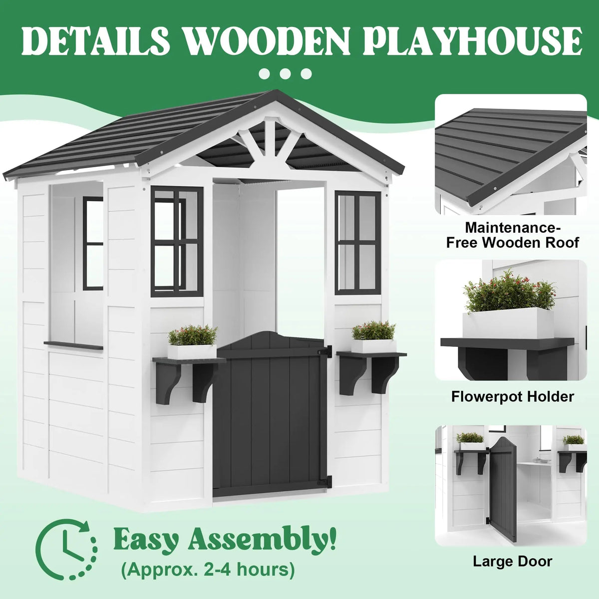Fir Wood Kids Outdoor Playhouse With Pretend Kitchen and Flower Boxes