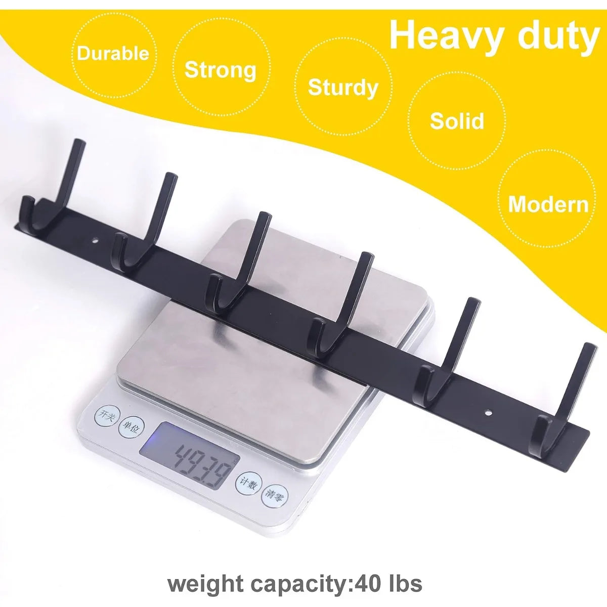 Wall Mounted Coat Rack with 6 Double Hooks Heavy Duty Metal Rail for Purse Clothes Jacket Entryway Black