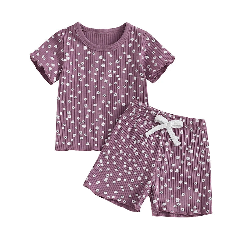 Girls Sleeveless Tank Top and Denim Shorts Set Casual Summer Outfit with Floral Print and Frayed Hem