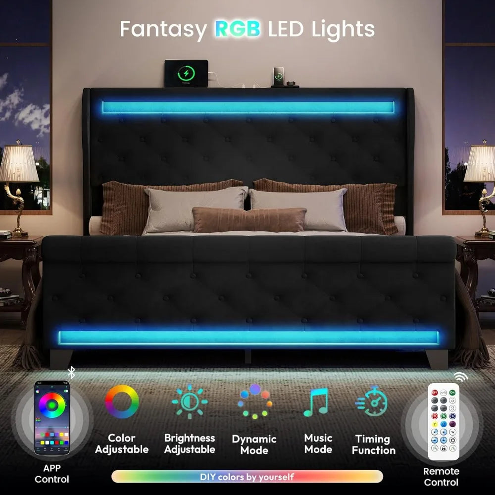 Queen Size Velvet Upholstered Platform Bed Frame with 50" Tall Headboard, LED Lights, and 2 USB Ports