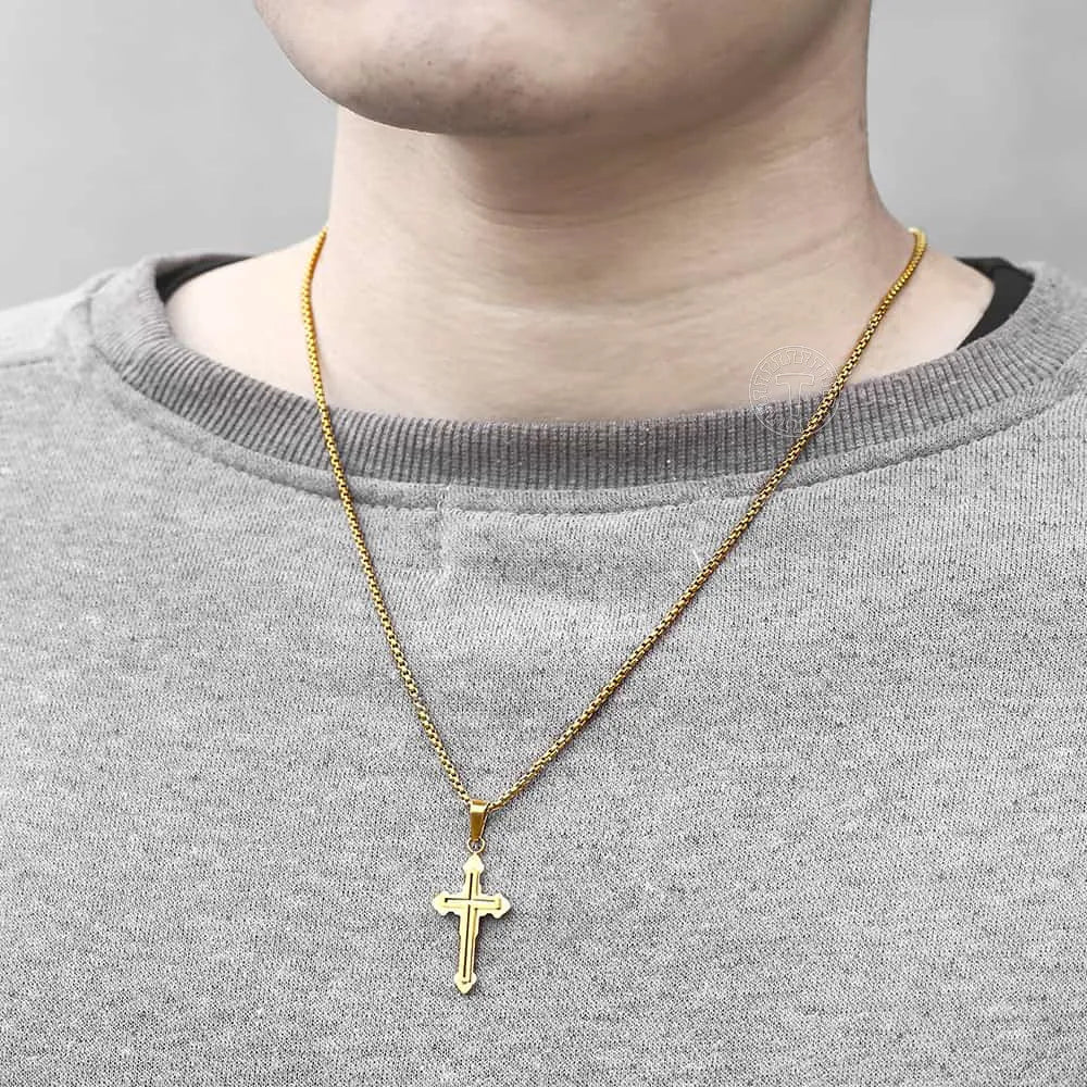 Hermah Stainless Steel Cross Pendant Necklace for Men Women Gold Silver Color Double Layers Cross Necklace Religious Jewelry