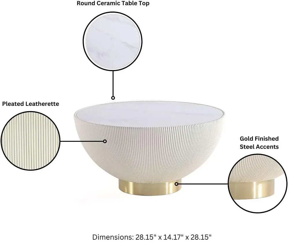 28.15" Round Coffee Table 2.0 - Ceramic Marble Tabletop, Elegant Pleated Leatherette Details & Gold Base