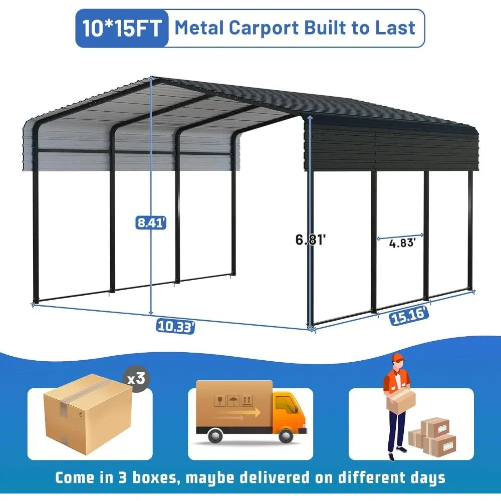 Metal Carport 10 * 15 FT Heavy Duty Carport Canopy with Galvanized Steel Roof Multi-Use Shelter Outdoor Portable Garage