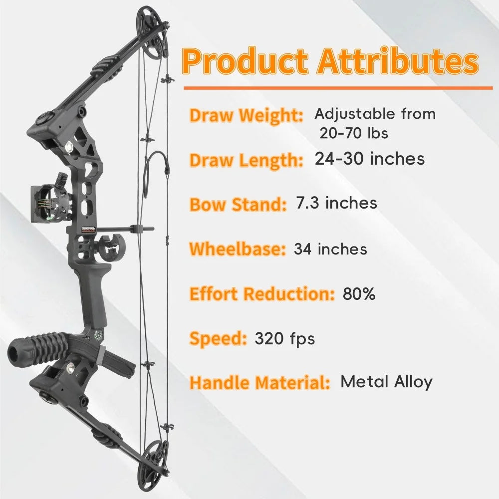 Adjustable Compound Bow Arrow Set with Spine 500 Carbon Arrows 20-70lbs 320FPS High-Strength Alloy Handle RH/LH for Adults Beginners Hunting Shooting Target Practice Outdoor Accessories