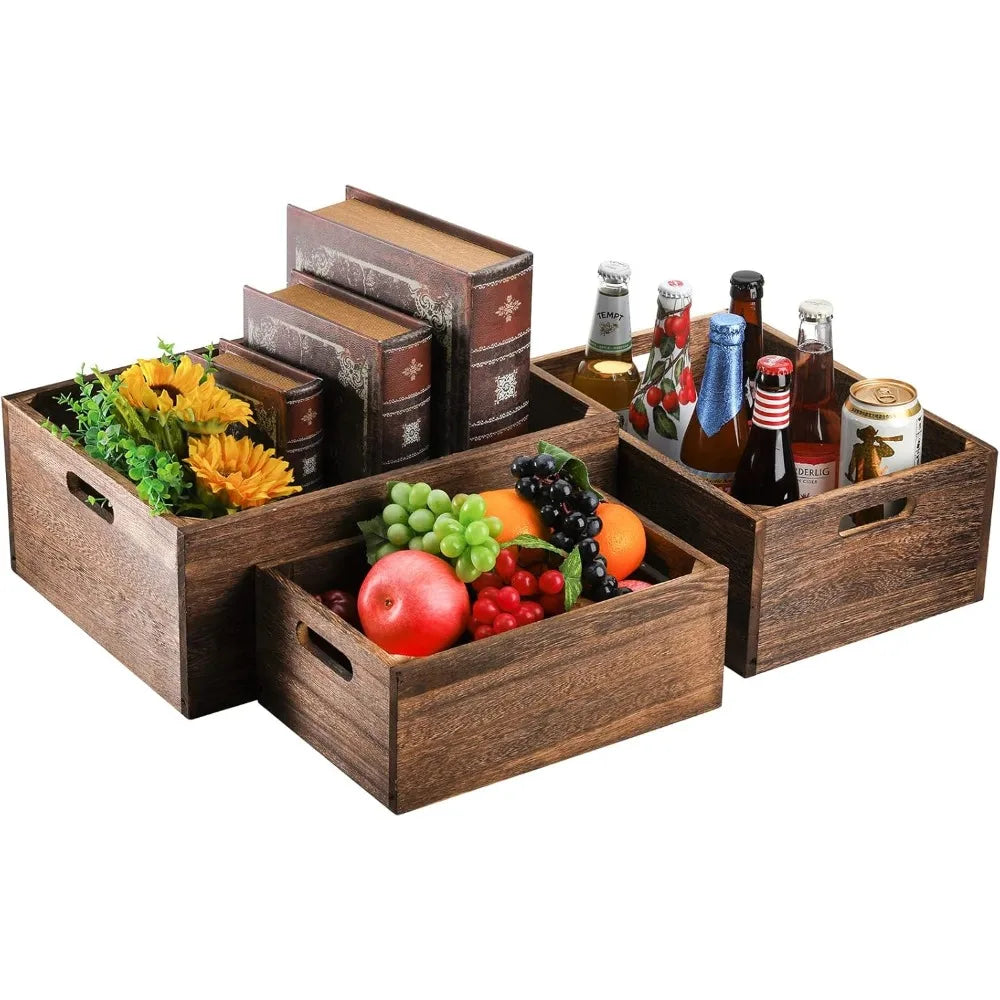 Set of 3 Nesting Wood Storage Crates with Handles Rustic Farmhouse Baskets Solid Handmade Containers