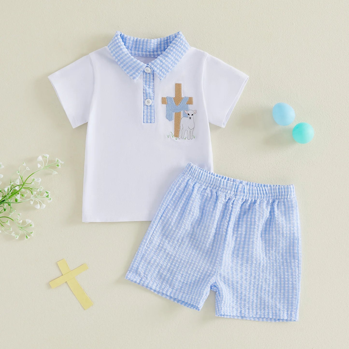 Baby Boy Easter Outfit Bunny Rabbit Embroidered Short Sleeve  Shirt and Denim Shorts 2 Piece Summer Set for Toddler
