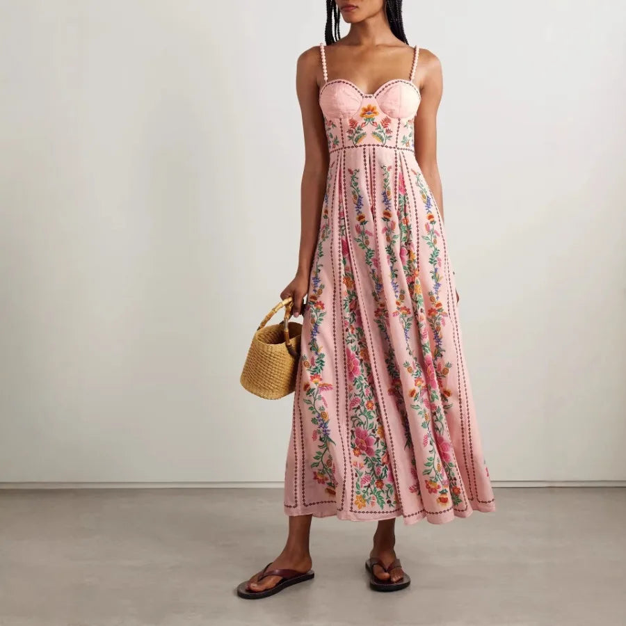 -  New European and American sexy decorative beads suspender positioning printed holiday dress for women
