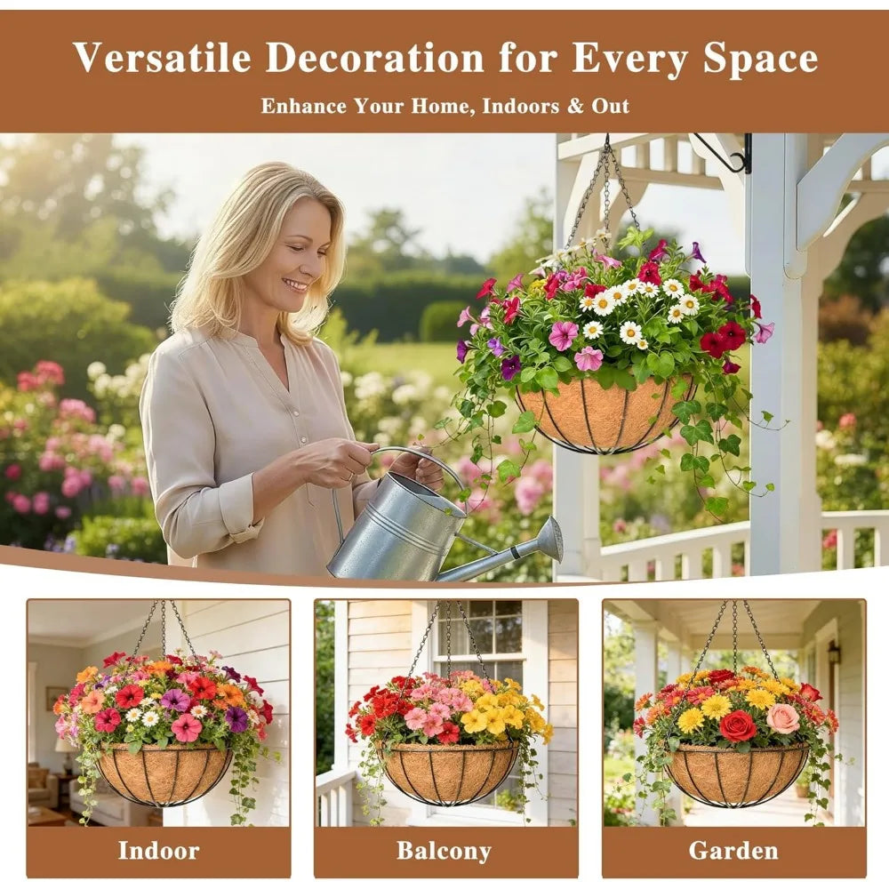 4 Pack 16 Inch Metal Hanging Planters with Coco Coir Liners Round Wire Plant Holders Chain Flower Baskets Outdoor Garden Decor