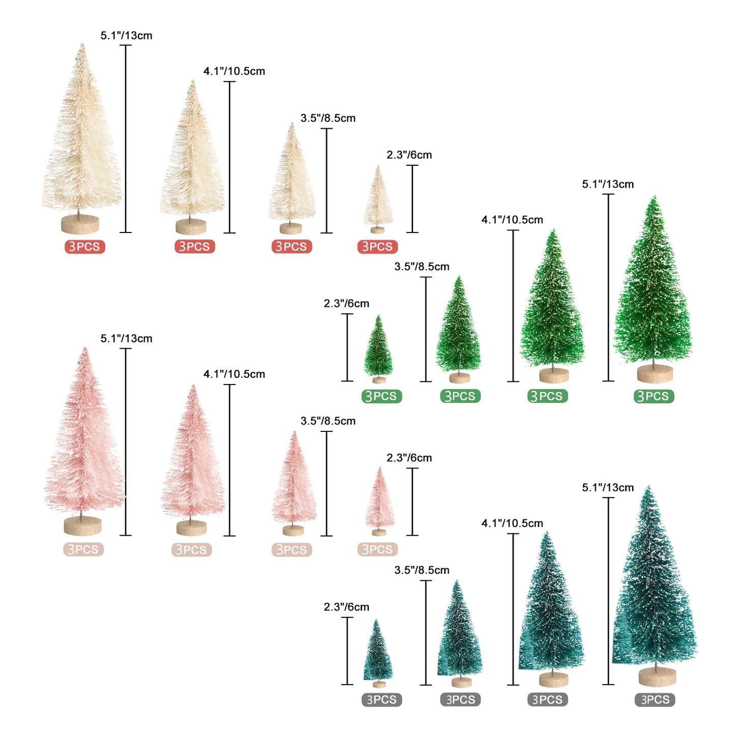 12PCS Artificial Mini Christmas Trees with 8PCS Small Christmas Wreaths, Bottle Brush Trees with Wood Base, Artificial Frosted