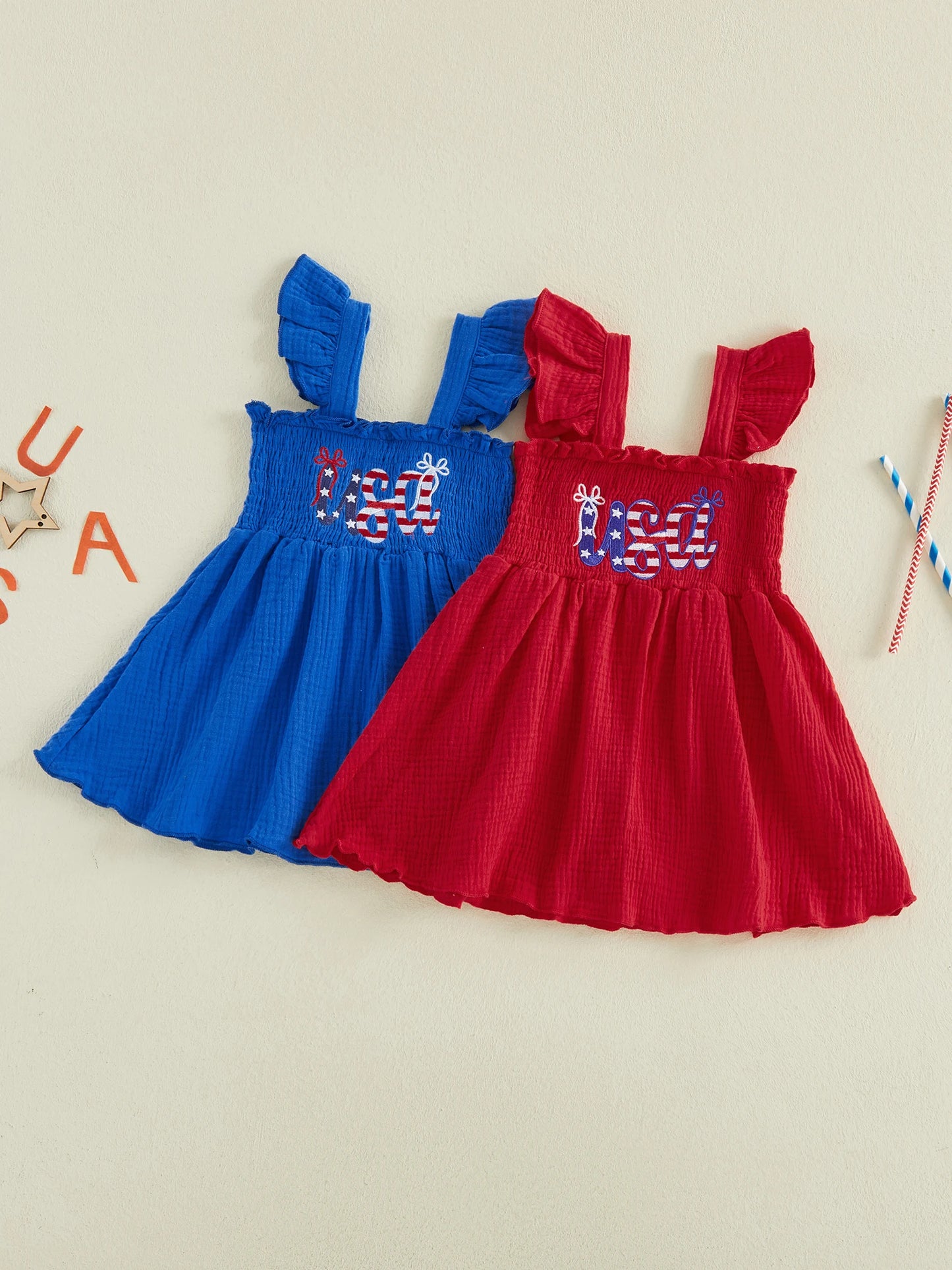 Toddler Girl s 4th of July Dress with Flying Sleeves Square Neckline Embroidered Letters and Smocked A-Line Design for a