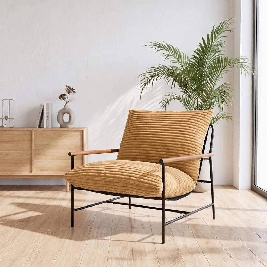 Oversized Accent Chair for Living Room, Deep Seat Corduroy Lounge Reading Chair With Wood Arms, Metal Frame For Bedroom Apartment