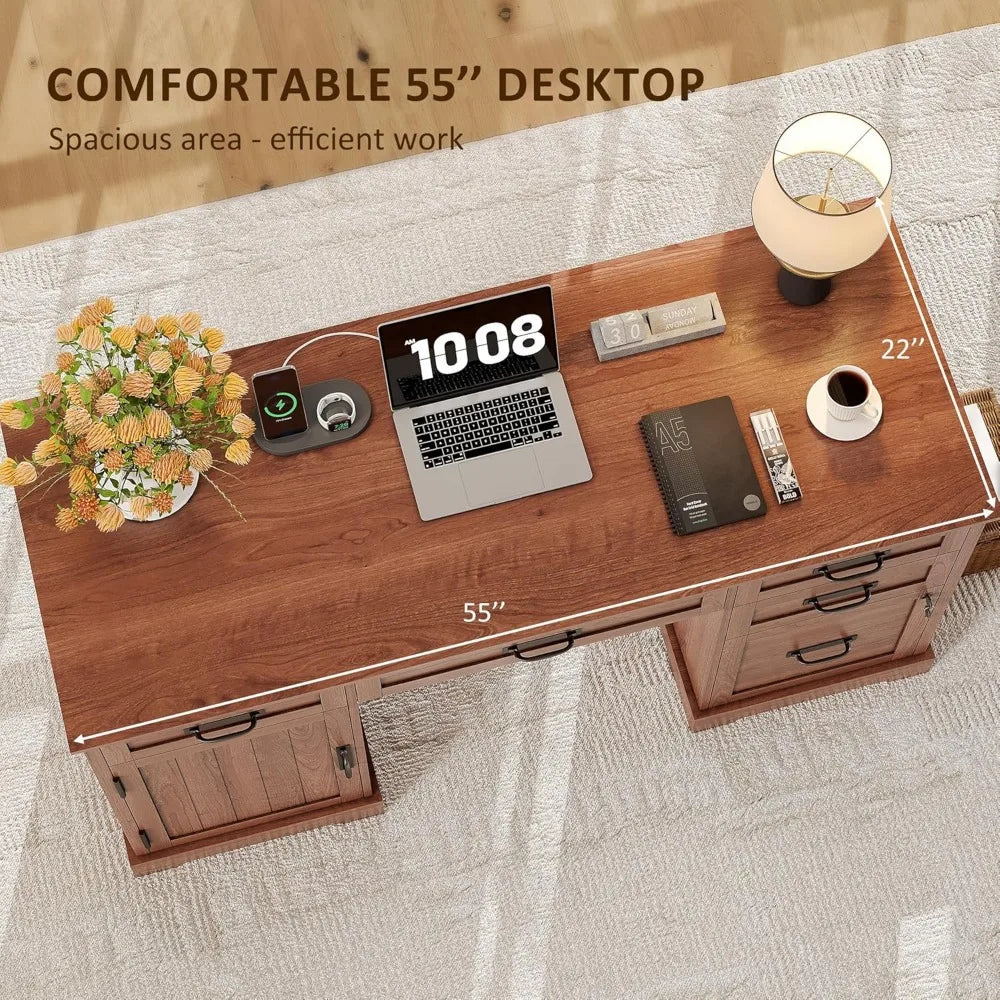 55'' Farmhouse Desk Home Office with Drawers, Executive Computer Desk Wooden with File Cabinet and Charging Station, Cerry Brow