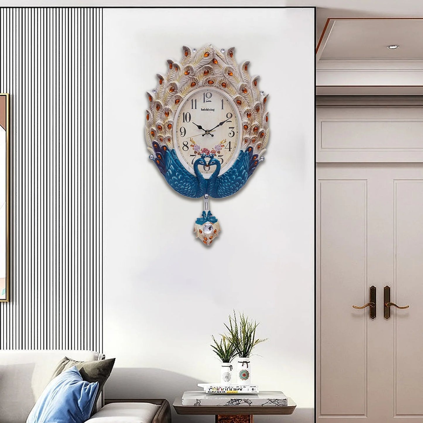 Blue Peacock Wall Clock,Silent Wall-mounted Metal Pendulum Clock 37*60cm with Luxury Crystal for Living Room,Hallways