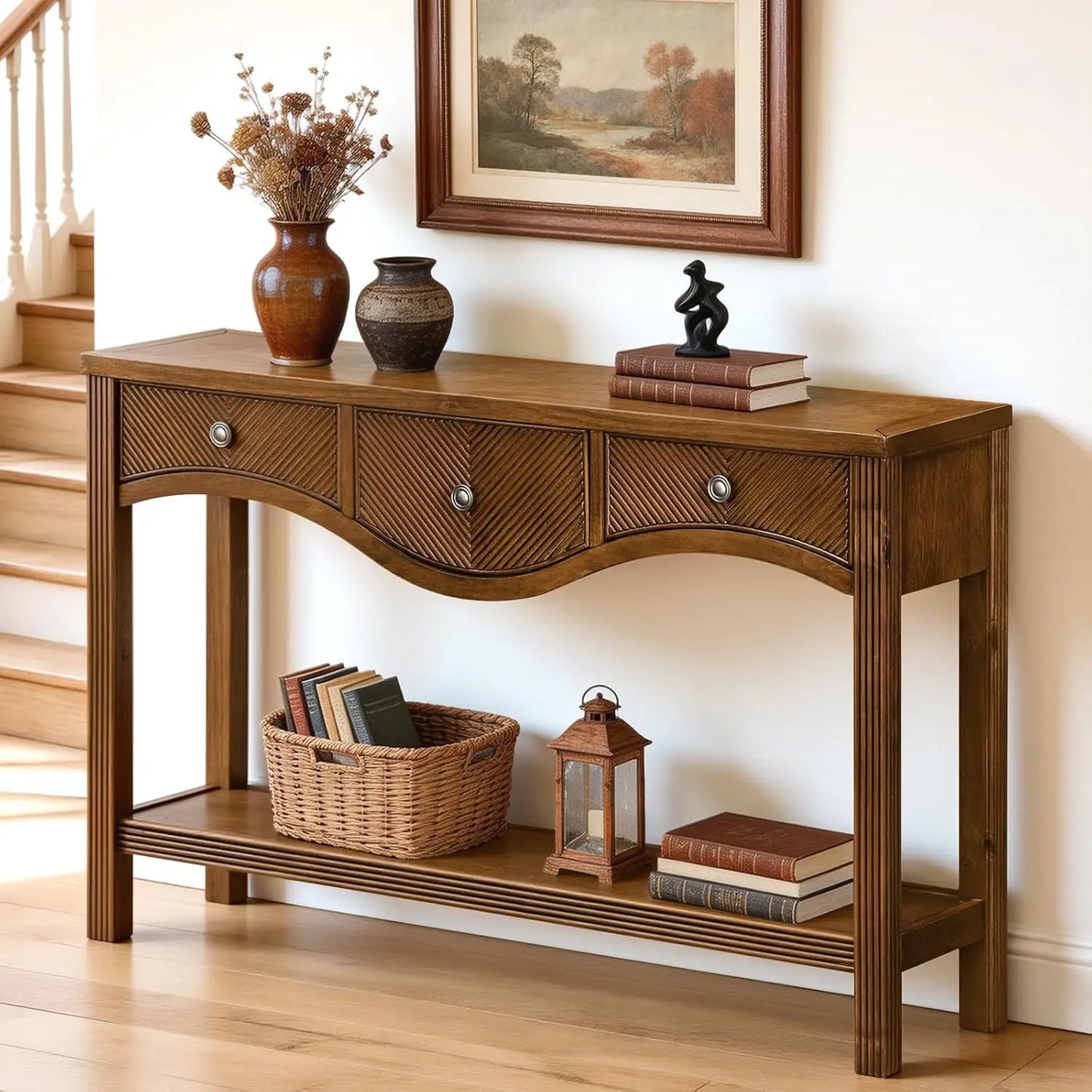 52" Fluted Solid Wood Veneer Console Table with 3 Drawers, Retro Entryway Sofa Table with Scalloped Edge & Solid, Customized
