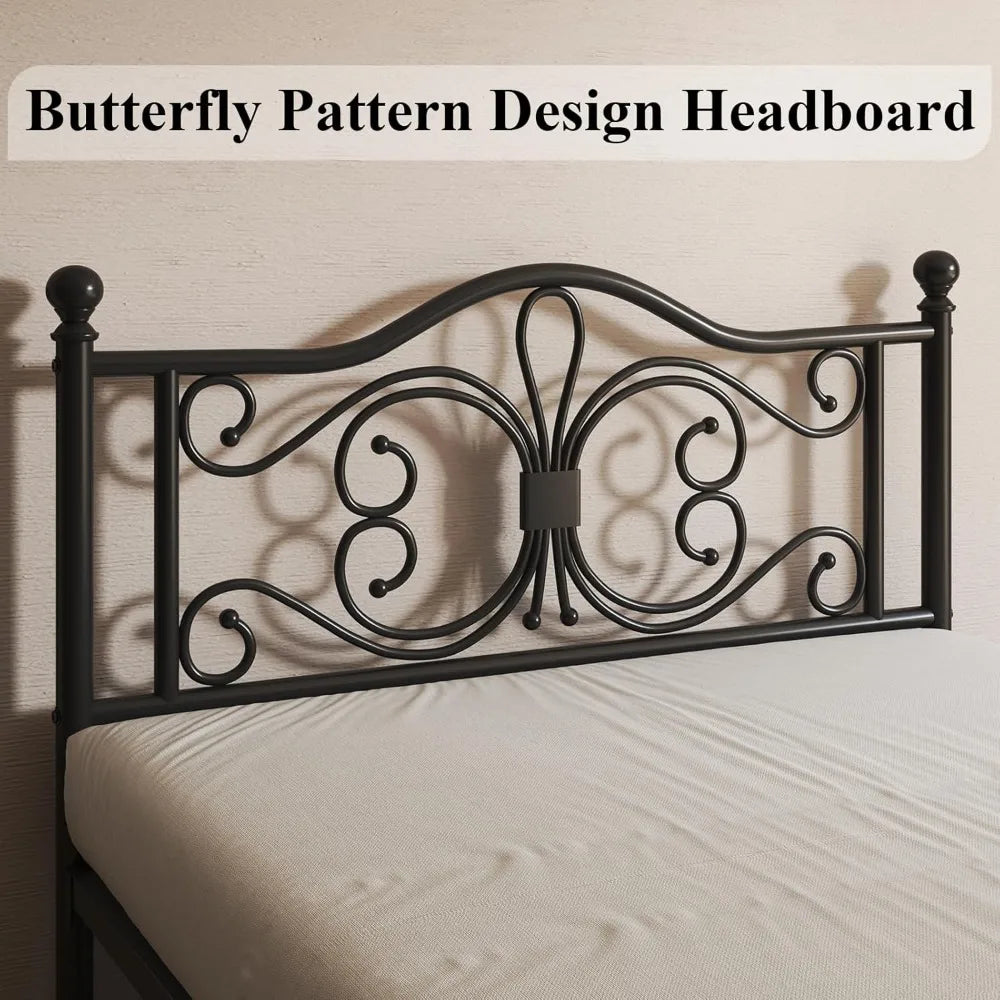 Queen size frame/metal platform bed with butterfly pattern design headboard and footboard