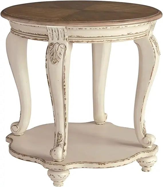 realyn french country two tone round end table, chipped white