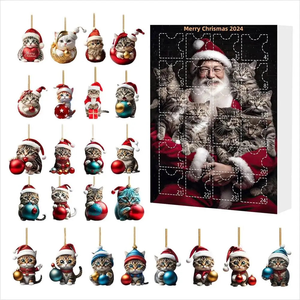 24-Day Christmas Countdown Calendar Cat Ornament Advent 2D Acrylic Cute Cat Ornaments Animal Charm Pendant for Window Backpack