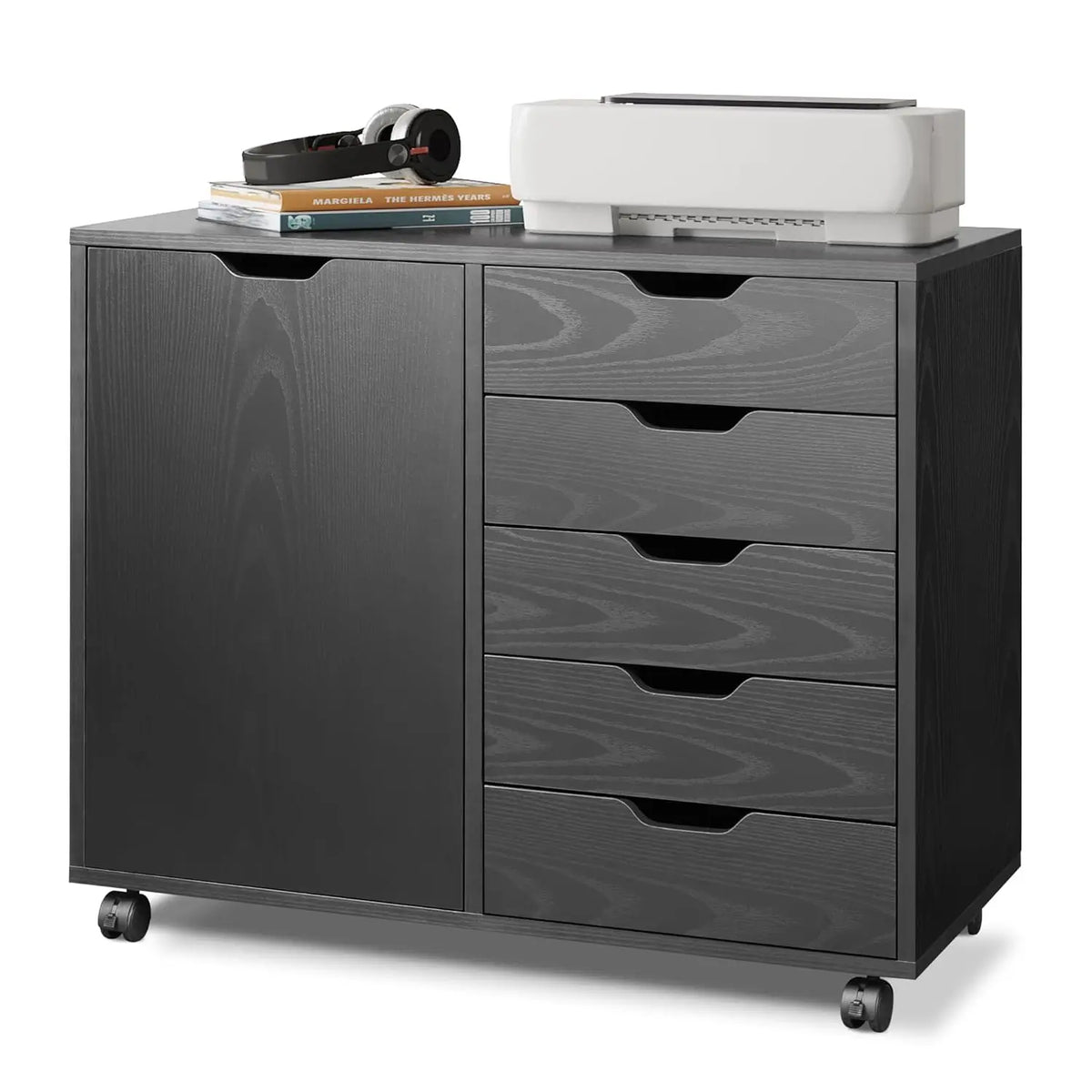5-Drawer Wood Drawer Cabinet, Office Storage Cabinet with Adjustable Shelf & Wheels, Printer Stand for Home Office, Customized