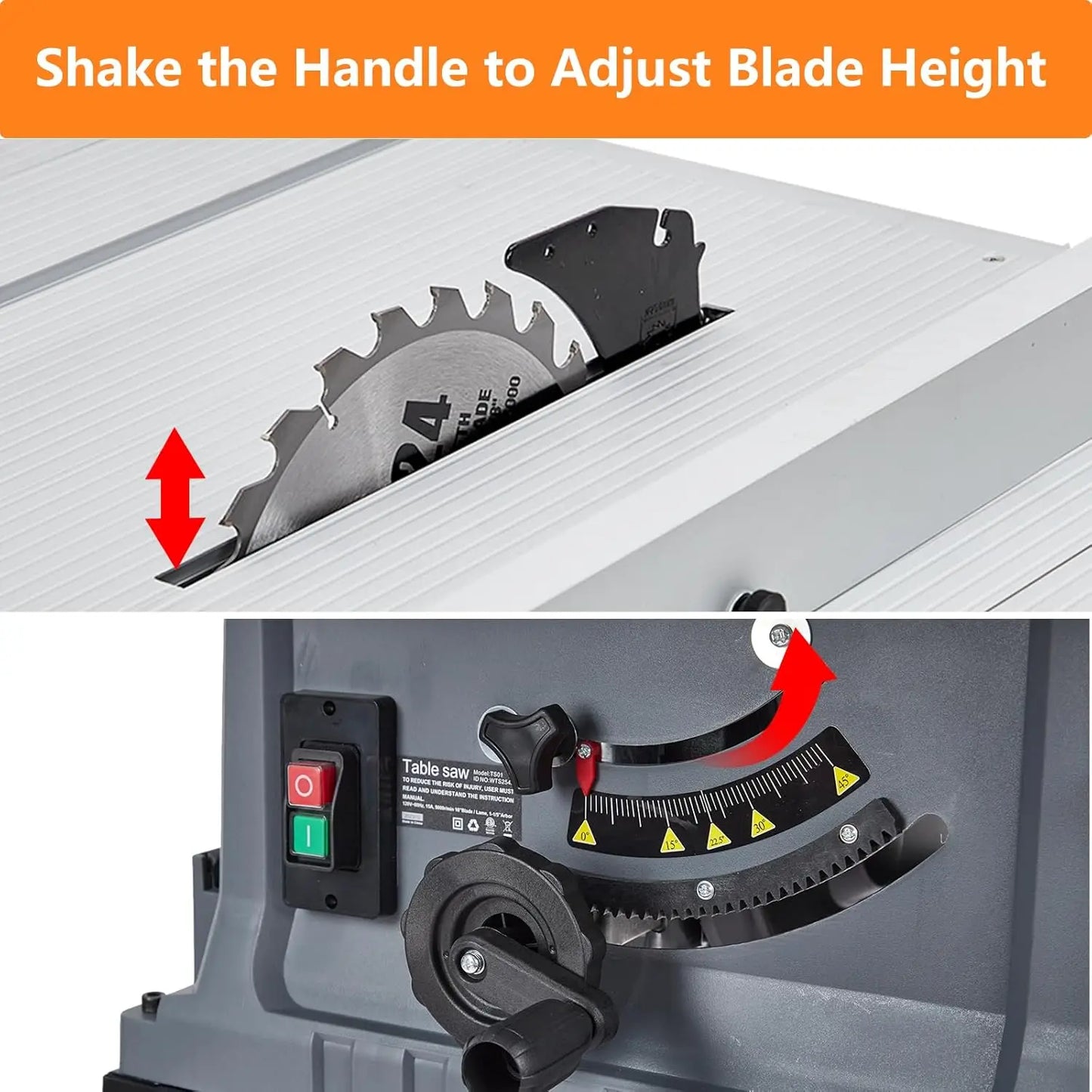 Table Saw,10inch 15A 5000RPM Portable Table Saw with Stand & Safety Switch, Push Stick, 90°Cross Cut & 0-45°Cutting