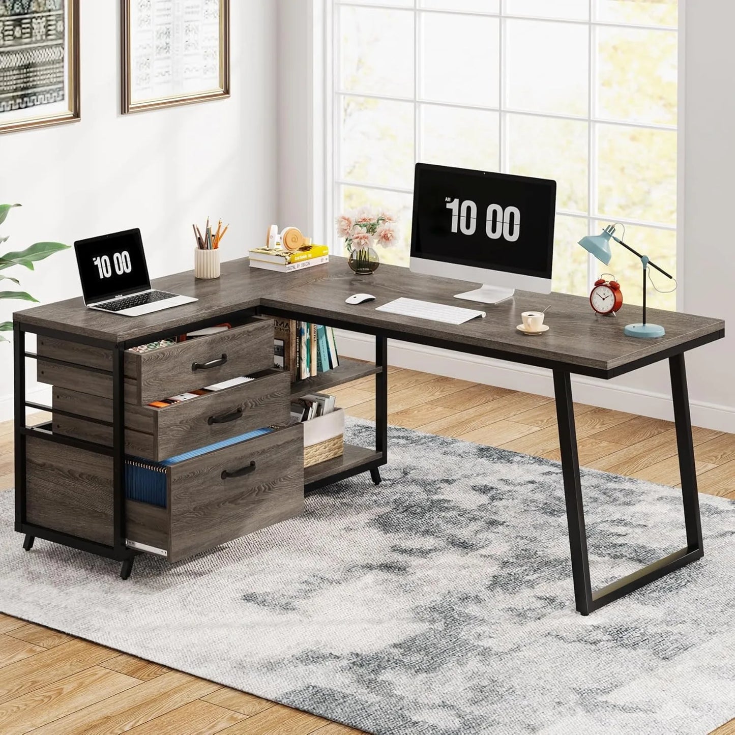 LITTLE TREE L-Shaped Desk with 3 Drawers, Reversible Corner Desk for Home and Office with Shelves, 130cm Industrial PC Desk