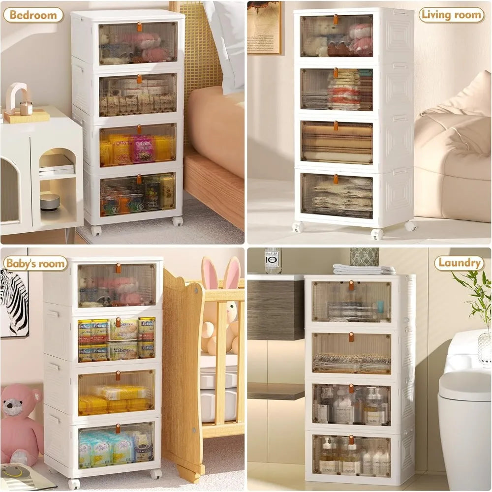 4 Tier Plastic Storage Bins with Lid 23QT, Stackable Storage Containers with Wheels, Folding Storage Boxes, Stackable Bi
