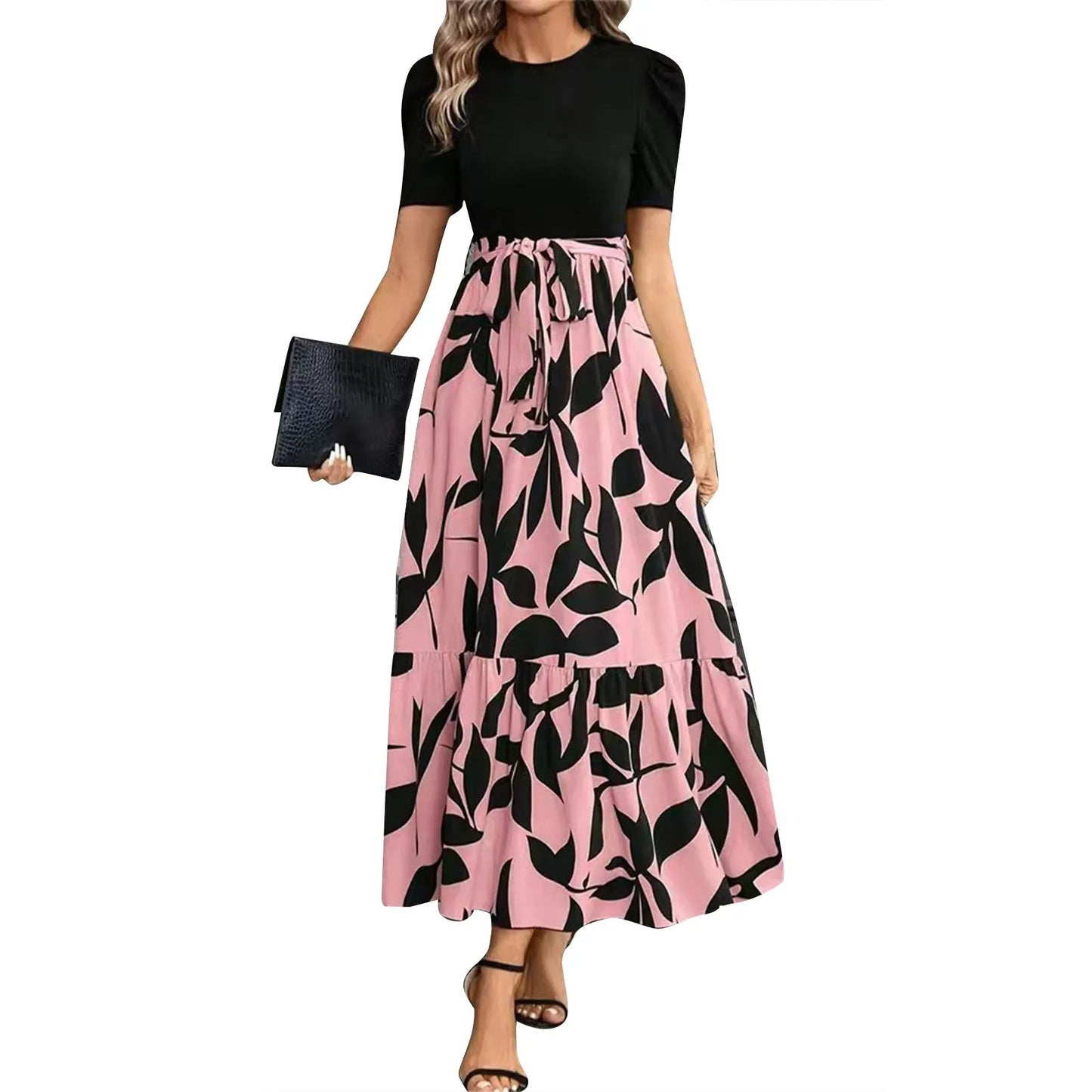 Round Neck Color Blocked Dress Women's Short Sleeved Floral Print A Line Dresses Autumn Elegant Party Dress Robe