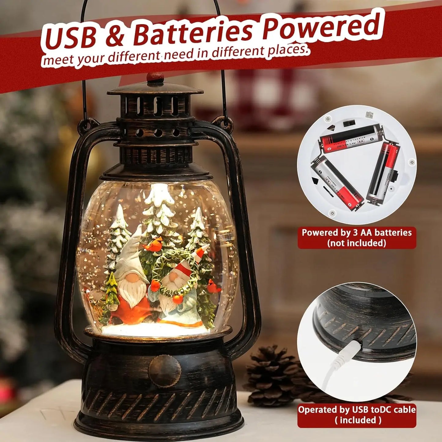 Gnomes Snow Globe Christmas Decorations, Light Up Musical Christmas Snow Globes Lantern with Glitter & 6H Timer