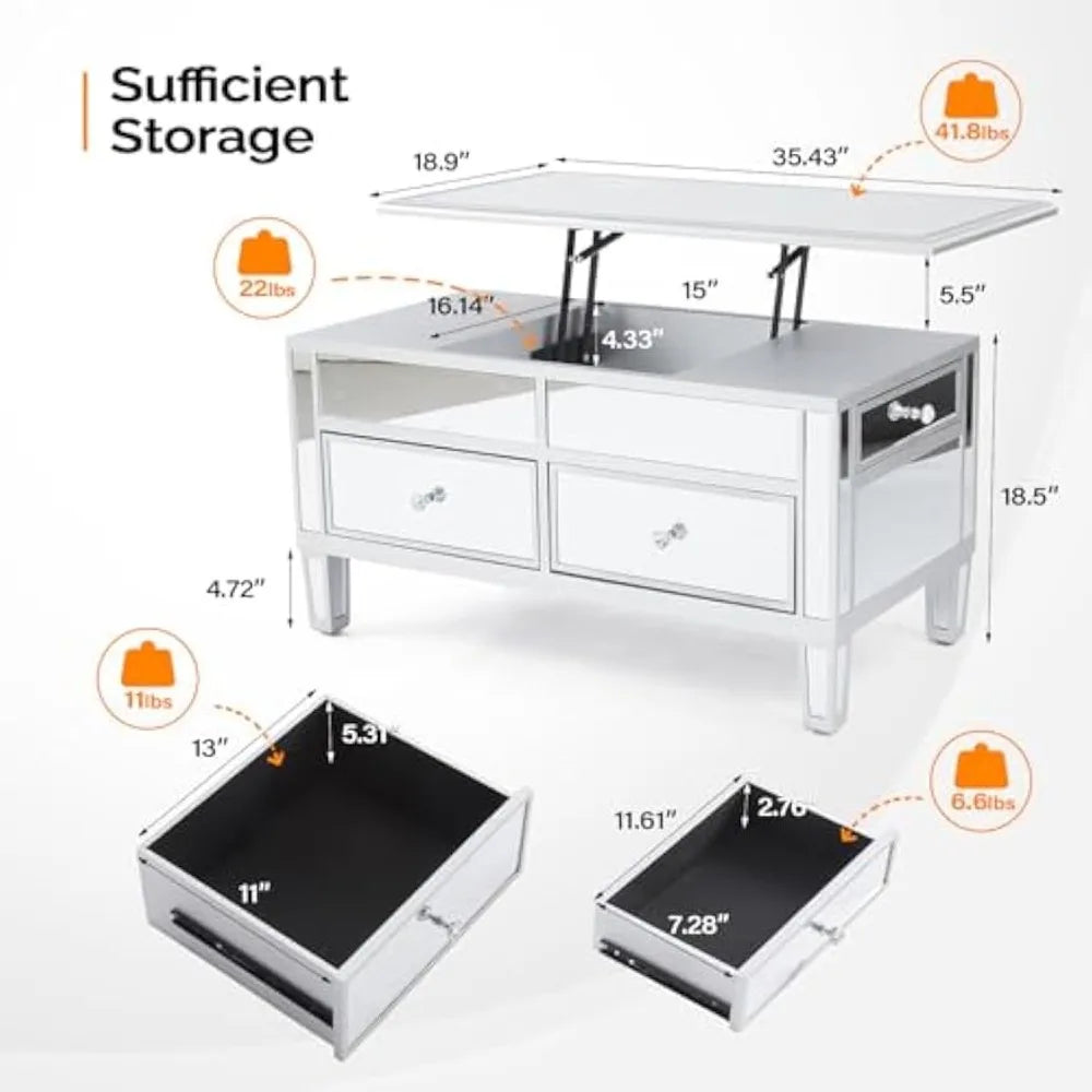 Modern Lift Top Coffee Table with Drawers for Living Room, Silver, 35" x 19" x 18"