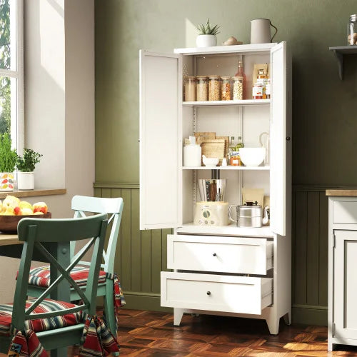 72 Inch White Steel Pantry Cabinet With 2 Drawers And Adjustable Shelves