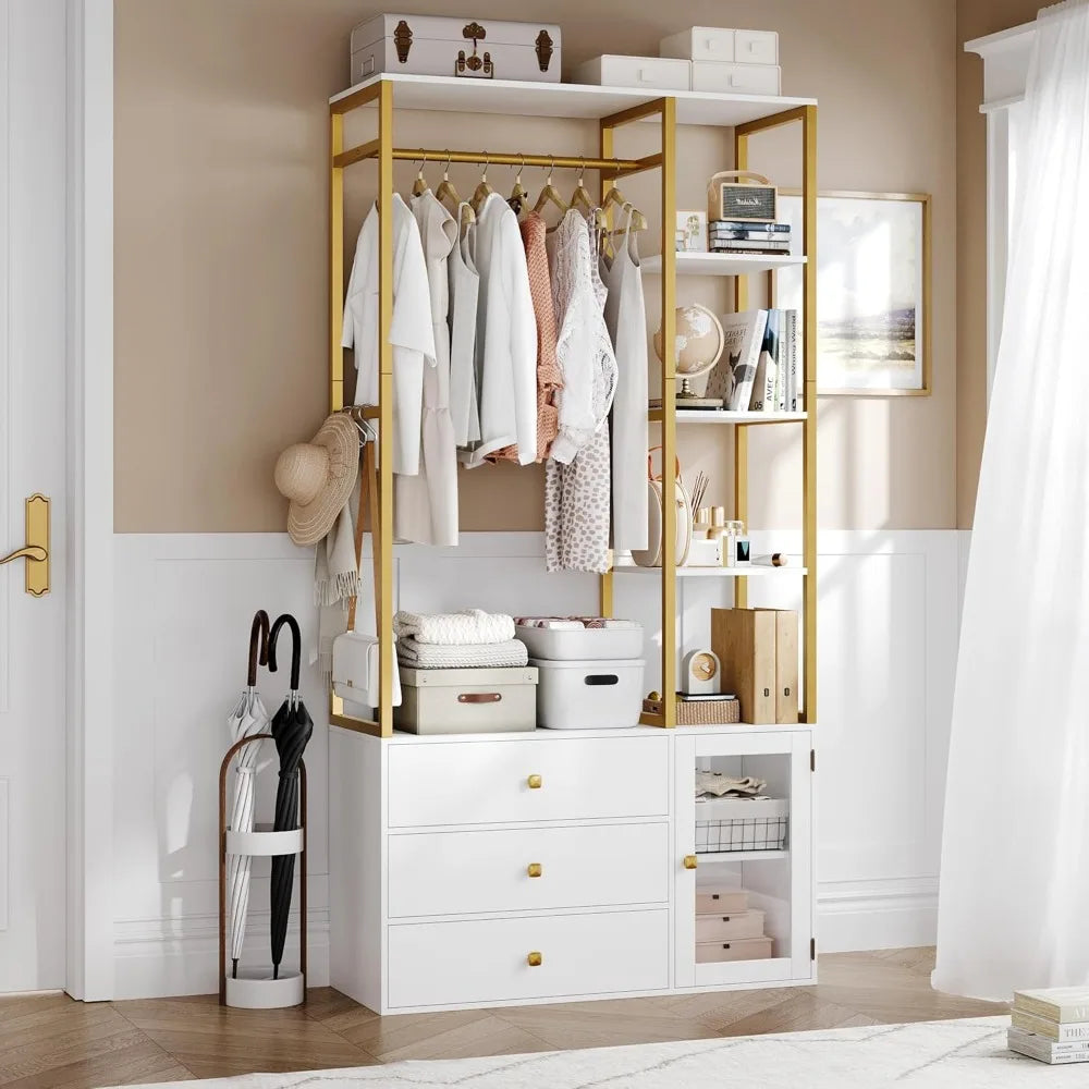 Closet System Organizer, 81.3” H Wardrobe Closet with 3 Wooden Drawers, Clothes Rack with Hanging Rods, 4 Tiers Shelves, Metal