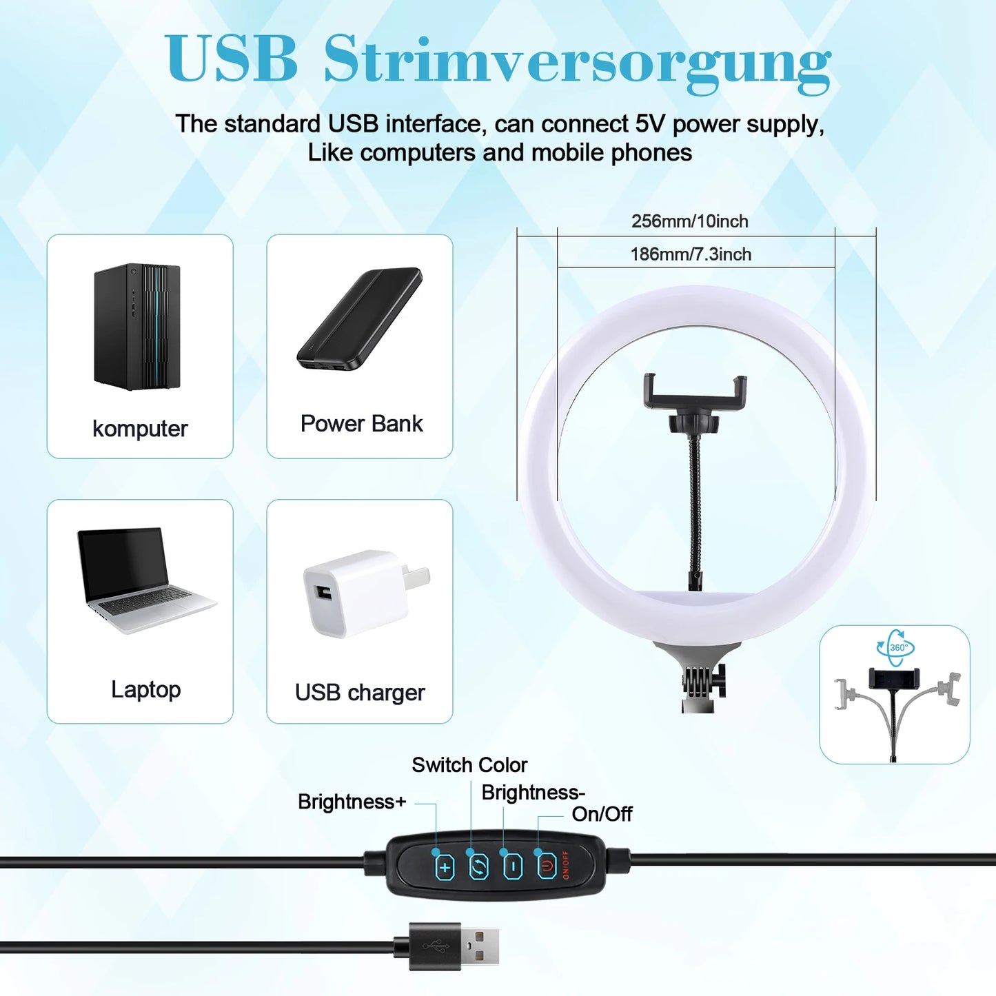 10" Ring Light with Handle & 160cm Tripod Stand - 3 Color LED Modes, Wired Control, 360° Adjustable Phone Holder