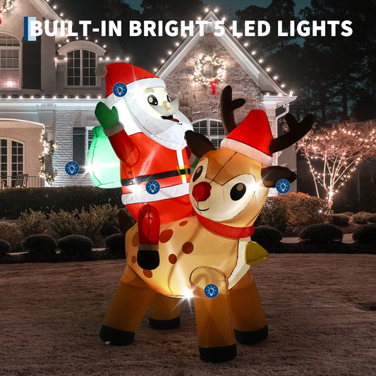 7FT Christmas Inflatable Santa Riding Reindeer With LED Lights Outdoor Yard Decor